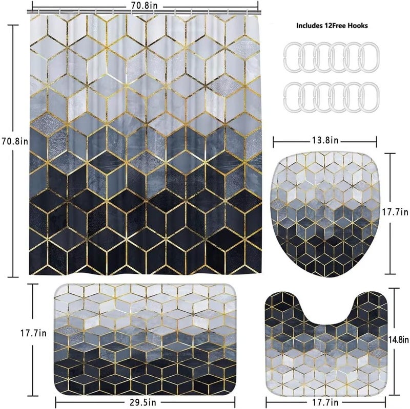LQCOOL 4Pcs Blue Gradient Shower Curtain Set Modern Geometric Shower Curtain Set Golden Cubic Lines Bathroom Set (Blue)… - Image 4